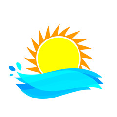 Sun icon, graphic symbol design template, big ocean waves, vector illustration