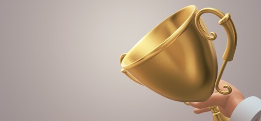 Trophy cup, 3D hand with trophy cup, business concept. 3d success render illustration	