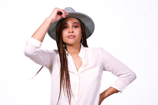 Portrait Of A Woman In Hat On White Background 