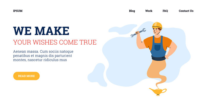 Website page with repairman looking like genie, cartoon vector illustration.