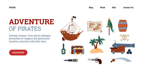 Adventure of pirates website banner template, flat vector illustration.