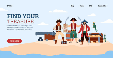 Website banner with pirates searching for treasure, flat vector illustration.