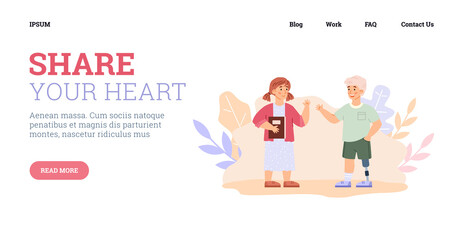 Website with disabled and healthy children, cartoon vector illustration.