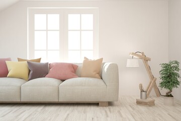 White living room with sofa. Scandinavian interior design. 3D illustration