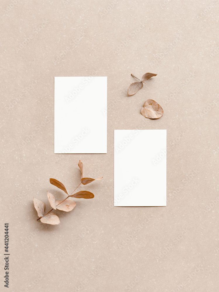 Poster minimalist presentation of two vertical blank business cards mock up for design template, top view. 