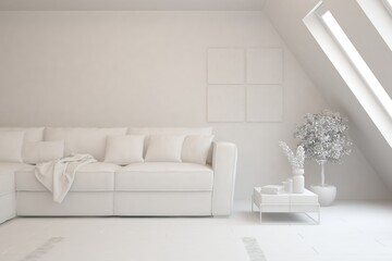 Fototapeta premium Mock up of stylish room in white color with sofa. Scandinavian interior design. 3D illustration