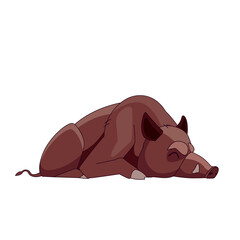 Wild boar sleeping or dead. Cartoon character of an adult mammal animal. A wild forest creature with brown fur. Side view. Vector flat illustration isolated on a white background