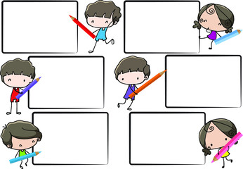 vector cartoon boys and girls hold colour pencil set border frame background