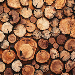 Close up creative stylish background, wall with different stacked a wooden sawn logs as home decor