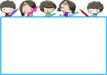 vector cartoon boys and girls hold colour pencil set border frame background