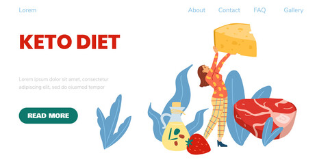 Keto diet web banner with woman among Ketogenic food, vector illustration.