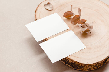 Two blank business cards mock up for design template on a trunk. White visit card mockup front and...