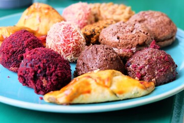 Various cookies served on the table. Close up traditional Turkish pastries, selective focus. It is called 