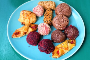 Various cookies served on the table. Close up traditional Turkish pastries, selective focus. It is called 