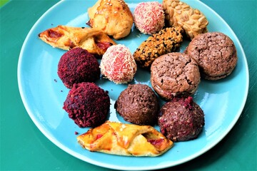 Various cookies served on the table. Close up traditional Turkish pastries, selective focus. It is called 