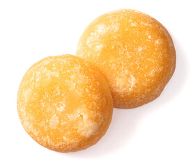 two cakes of palm sugar isolated on white background, top view