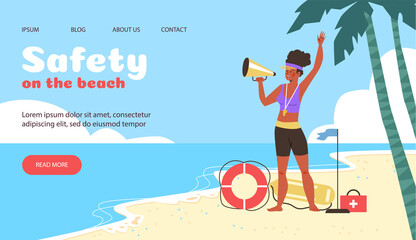 Safety on the beach website design with lifeguard, flat vector illustration.