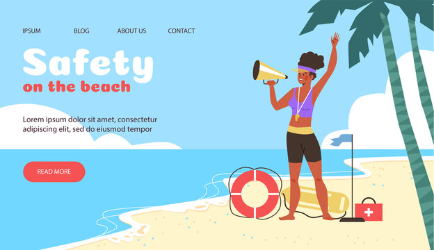 Safety On The Beach Website Design With Lifeguard, Flat Vector Illustration.