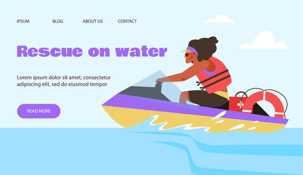 Rescue on water team banner with lifeguard on jet ski, flat vector illustration.