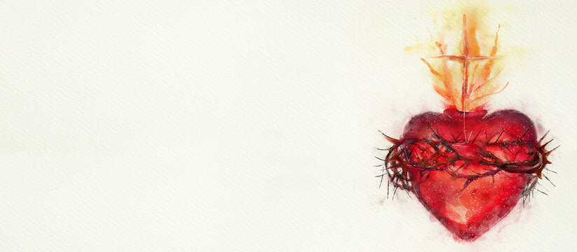 Christian heart with cross, flames and crown of thorns. Watercolor