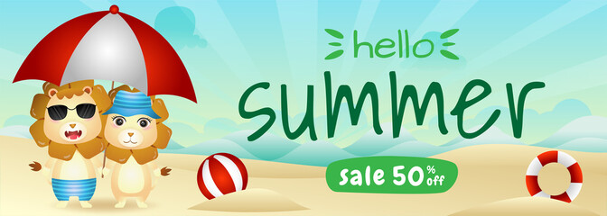 summer sale banner with a cute lion couple using umbrella in beach