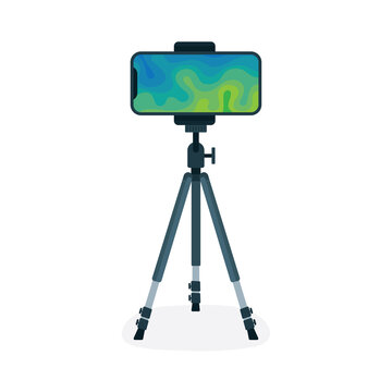 Tripod with mobile phone and abstract wallpaper on screen. Adjustable tripod stand with smartphone. Selfie video production equipment. Flat and outline drawing vector illustrations set.