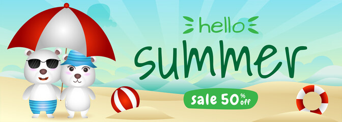 summer sale banner with a cute polar bear couple using umbrella in beach