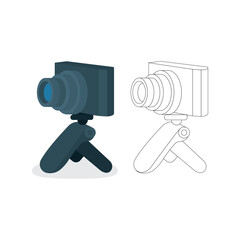 Digital camera with compact tripod. Mini tripod with camera. Selfie video and photo production equipment. Flat and outline drawing vector illustrations set.