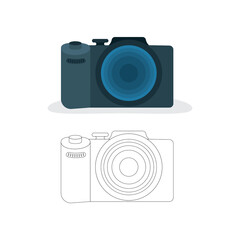 Digital camera. Video and photo production equipment. Flat and outline drawing vector illustrations set.