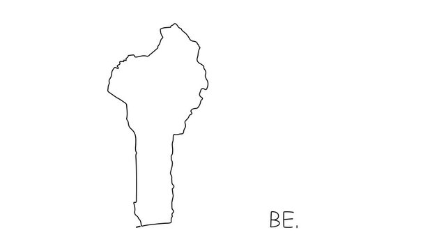 Benin map animation line. Black line animation letters drawing on a white background.
