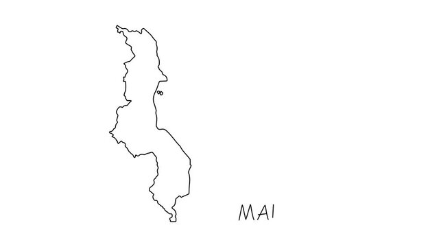 Malawi map animation line. Black line animation letters drawing on a white background.