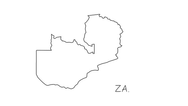 Zambia map animation line. Black line animation letters drawing on a white background.