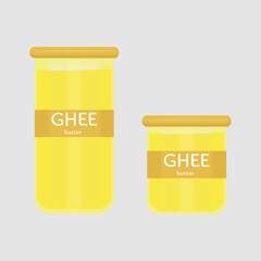 Glass jar with useful natural ghee butter. Ayurvedic Indian food. Big and small jars. Bright yellow ghee oil. Volumetric illustration