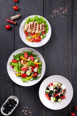 salad menu page salad appetizer snack vegetable, greek salad, grilled chicken dish on the table healthy diet meal copy space food background rustic 