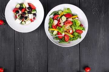 salad menu page salad appetizer snack vegetable, greek salad, grilled chicken dish on the table healthy diet meal copy space food background rustic 