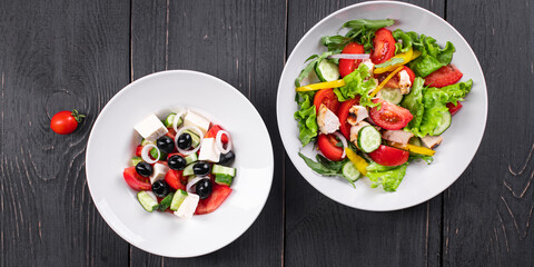 salad menu page salad appetizer snack vegetable, greek salad, grilled chicken dish on the table healthy diet meal copy space food background rustic 