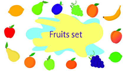 Fruit in flat style vector illustration set. Composition of various fruits icons drawn in simple style