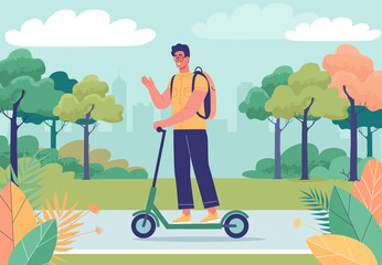 Young man rides on an electric scooter in the green city park. Colorful cartoon character illustration 