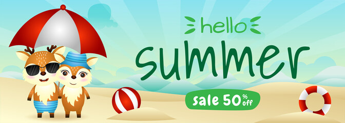 summer sale banner with a cute deer couple using umbrella in beach