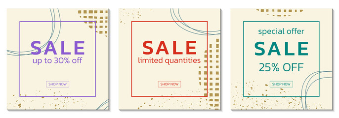 Sale square background set with abstract shapes and geometric design elements. Discount frame, banner, poster or price off card collection. Vector illustration.