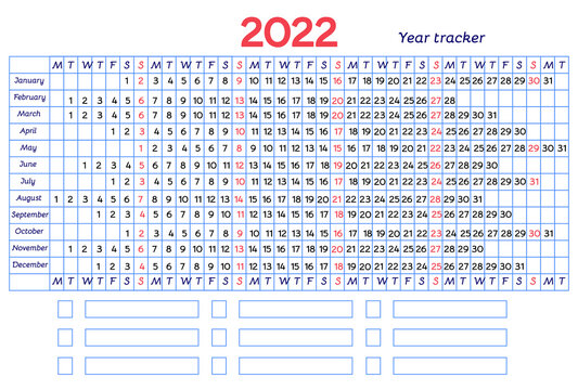 Calendar mood and habit  tracker grid 2022 year. Vector design with blue line and red sundays. Table template on white background for organization and business.
