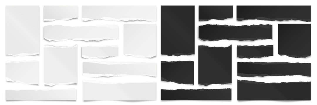 Ripped black and white paper strips. Realistic paper scraps with torn edges. Sticky notes, shreds of notebook pages. Vector illustration.