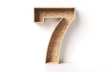 Wood empty box in the shape of number 7, ideal to display retail products or decorate an interior space. Made of OSB recycled timber planks. 3D rendering illustration.