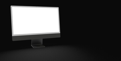 Computer display mock up with blank white screen. Stylish desktop computer mockup. dark