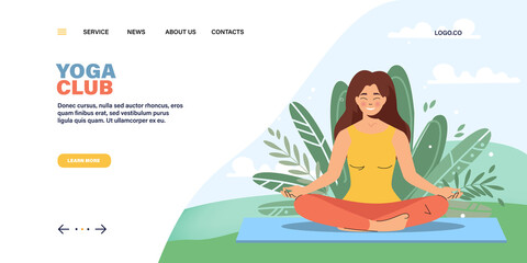Landing page template for yoga club website or outdoor activities with woman sitting in lotus posture. Happy female character doing yoga outdoor. Vector illustration in flat style