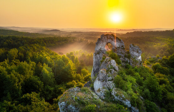 Okiennik wielki rock during sunrise - Jura Krakowsko-Czestochowska - Poland