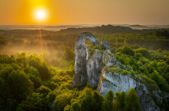Okiennik wielki rock during sunrise - Jura Krakowsko-Czestochowska - Poland