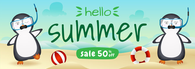 summer sale banner with a cute penguin couple using snorkeling costume in beach