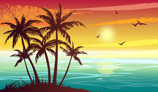 Tropical landscape with sea, sunset and silhouettes of palm trees. Abstract landscape. Tropical island.