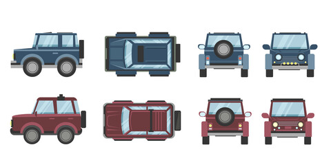 Vector cars. View from above, side, in front and in back. Crossovers or SUVs. Set of cartoon transport.